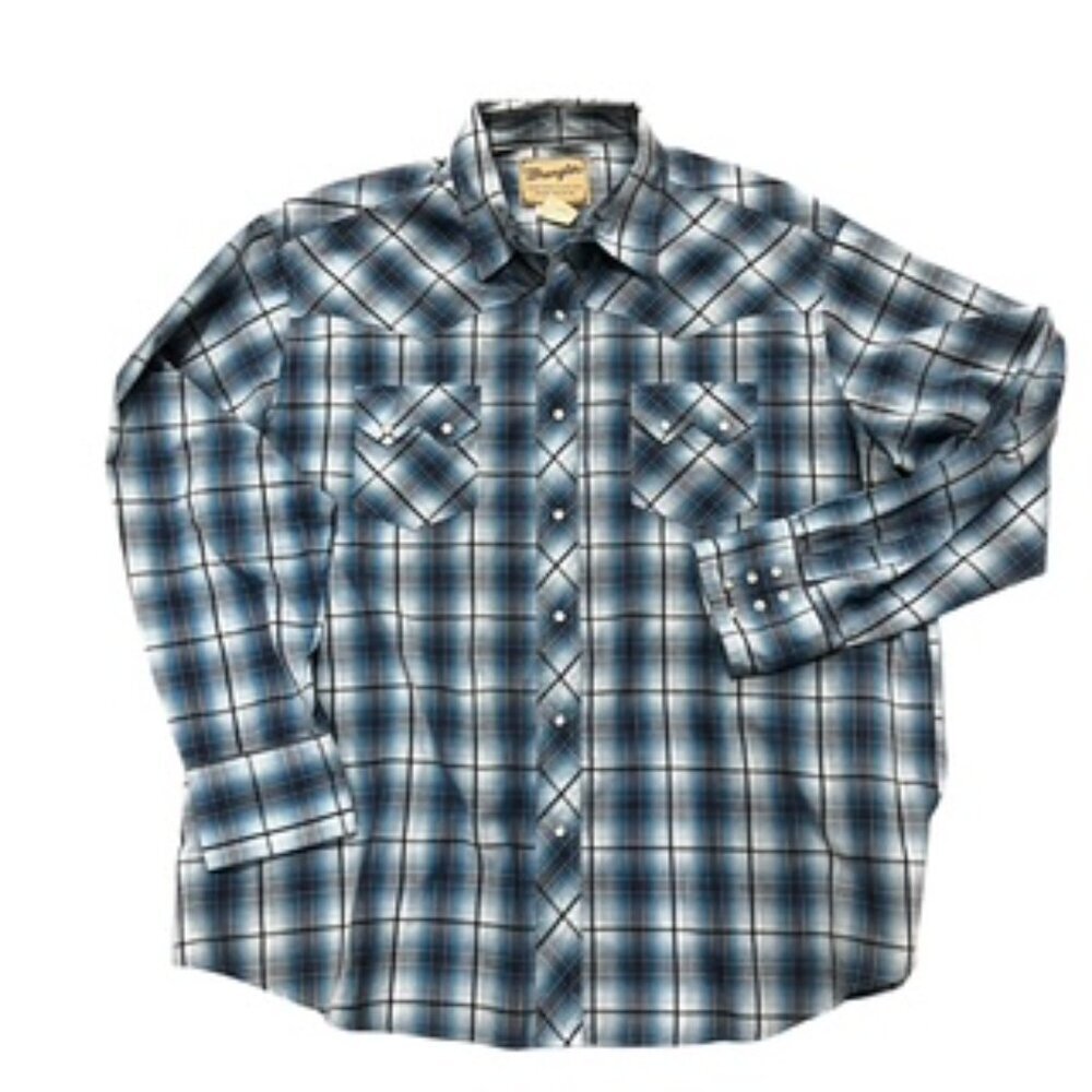 Wrangler Blue Plaid Long Sleeve Western Pearl Snap Mens‎ Size XXL